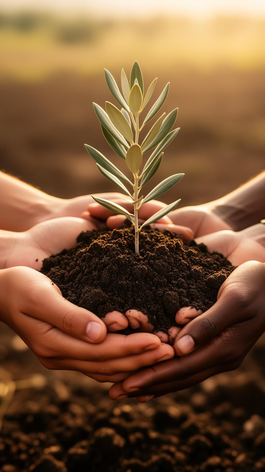 Diverse hands holding soil with a young olive sapling